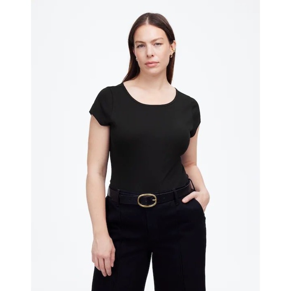 Madewell Jet Black (Re)generative Cotton‎ Ribbed Cap-Sleeve Tee Size Large NWT